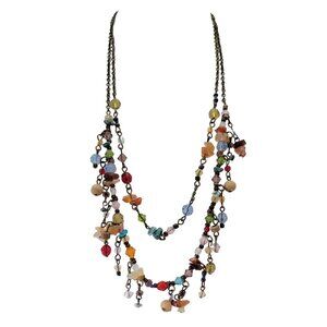 Premier Design Gold Tone Glass Bead Stone Chip Duo Strand Chain Necklace E947